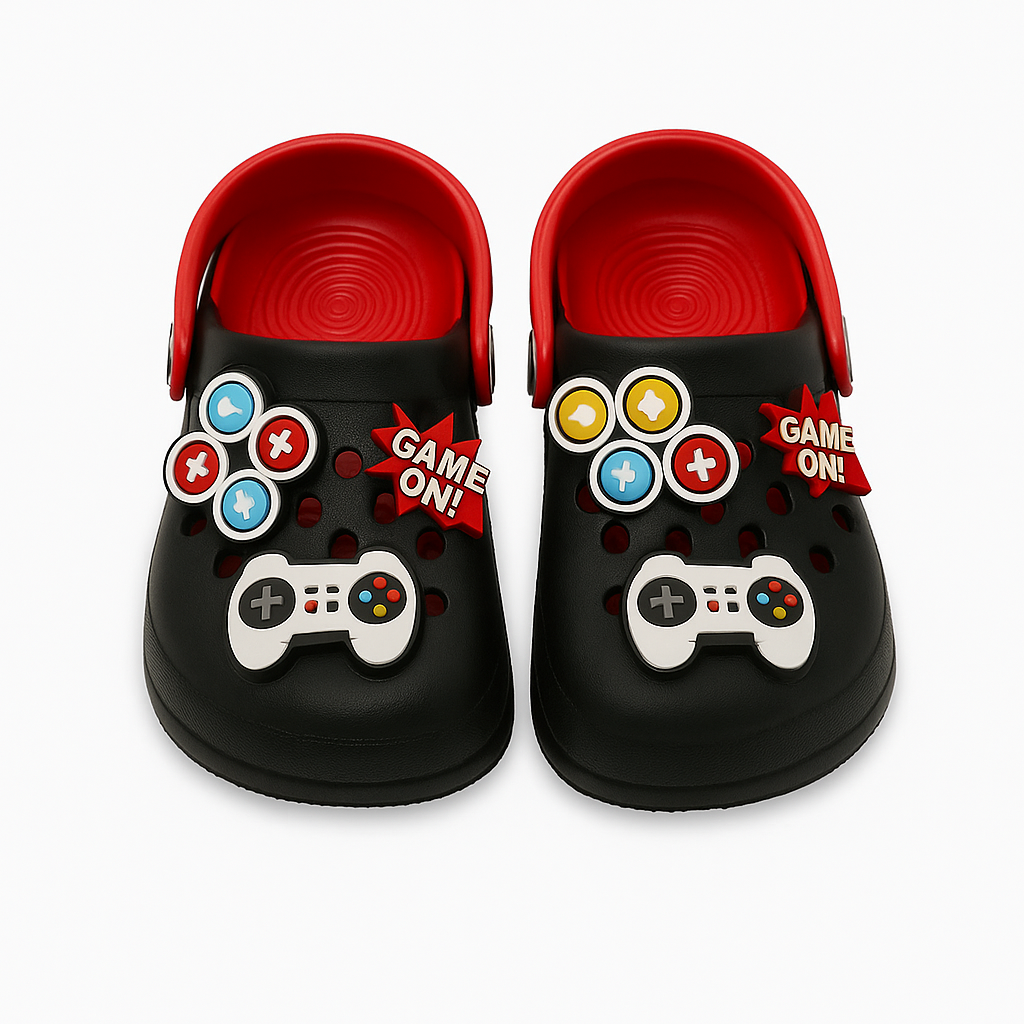 Black Gaming-Themed Crocs for Kids – Fun & Comfy