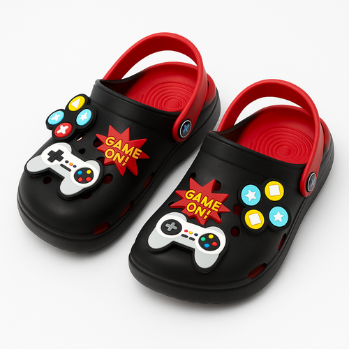 Black Gaming-Themed Crocs for Kids – Fun & Comfy