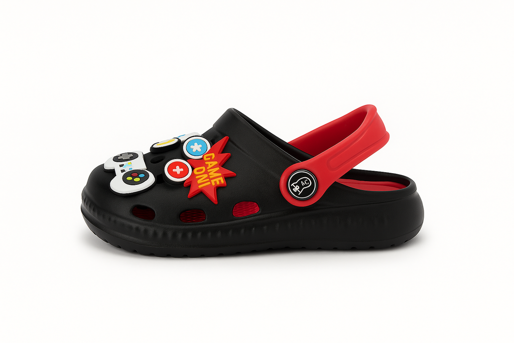 Black Gaming-Themed Crocs for Kids – Fun & Comfy