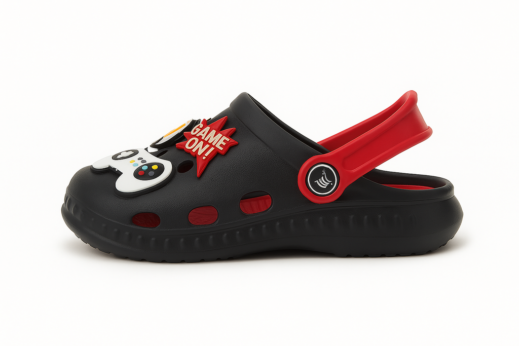 Black Gaming-Themed Crocs for Kids – Fun & Comfy